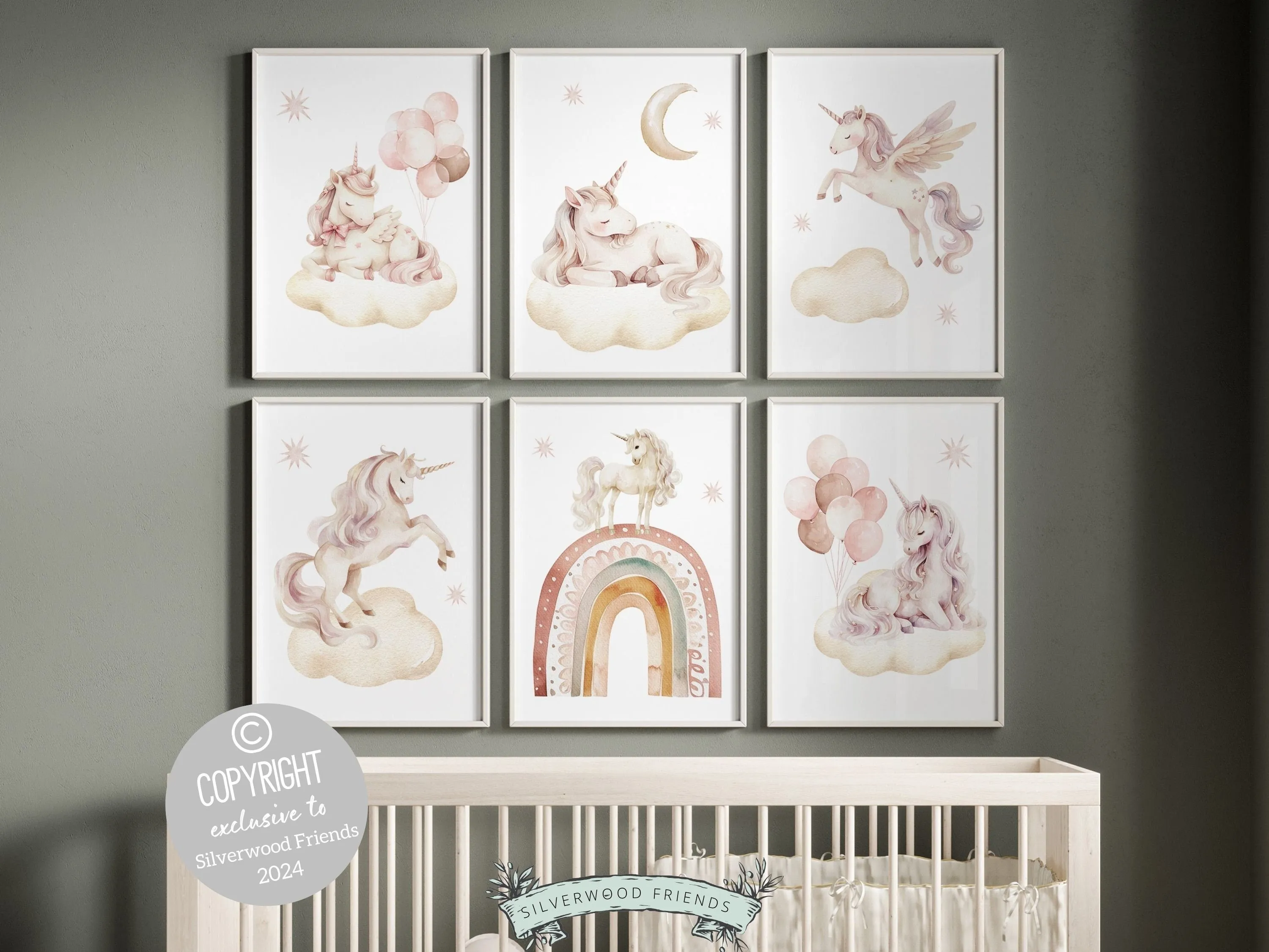 Baby Girls Unicorn Nursery Prints - Set of 6