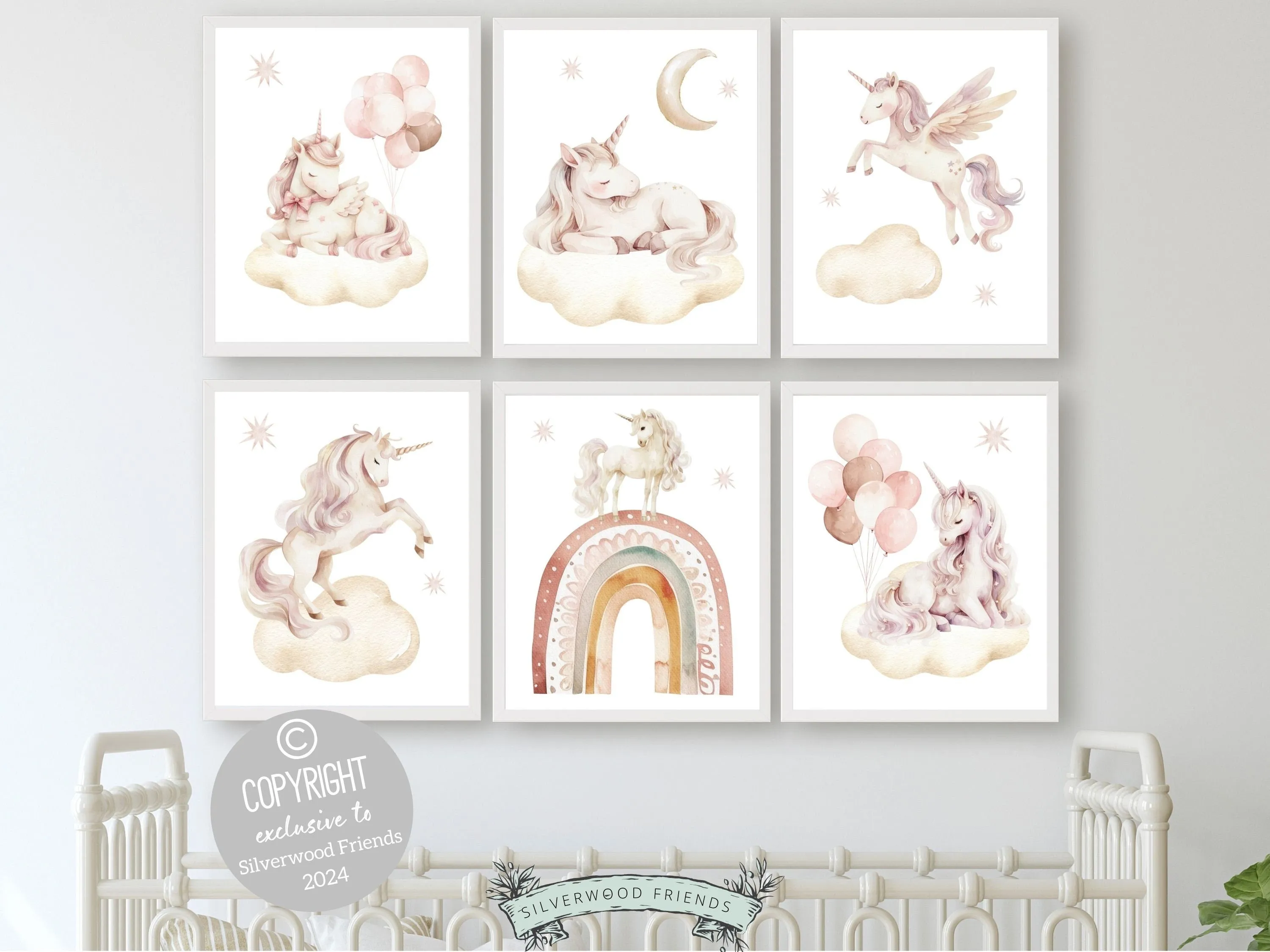 Baby Girls Unicorn Nursery Prints - Set of 6