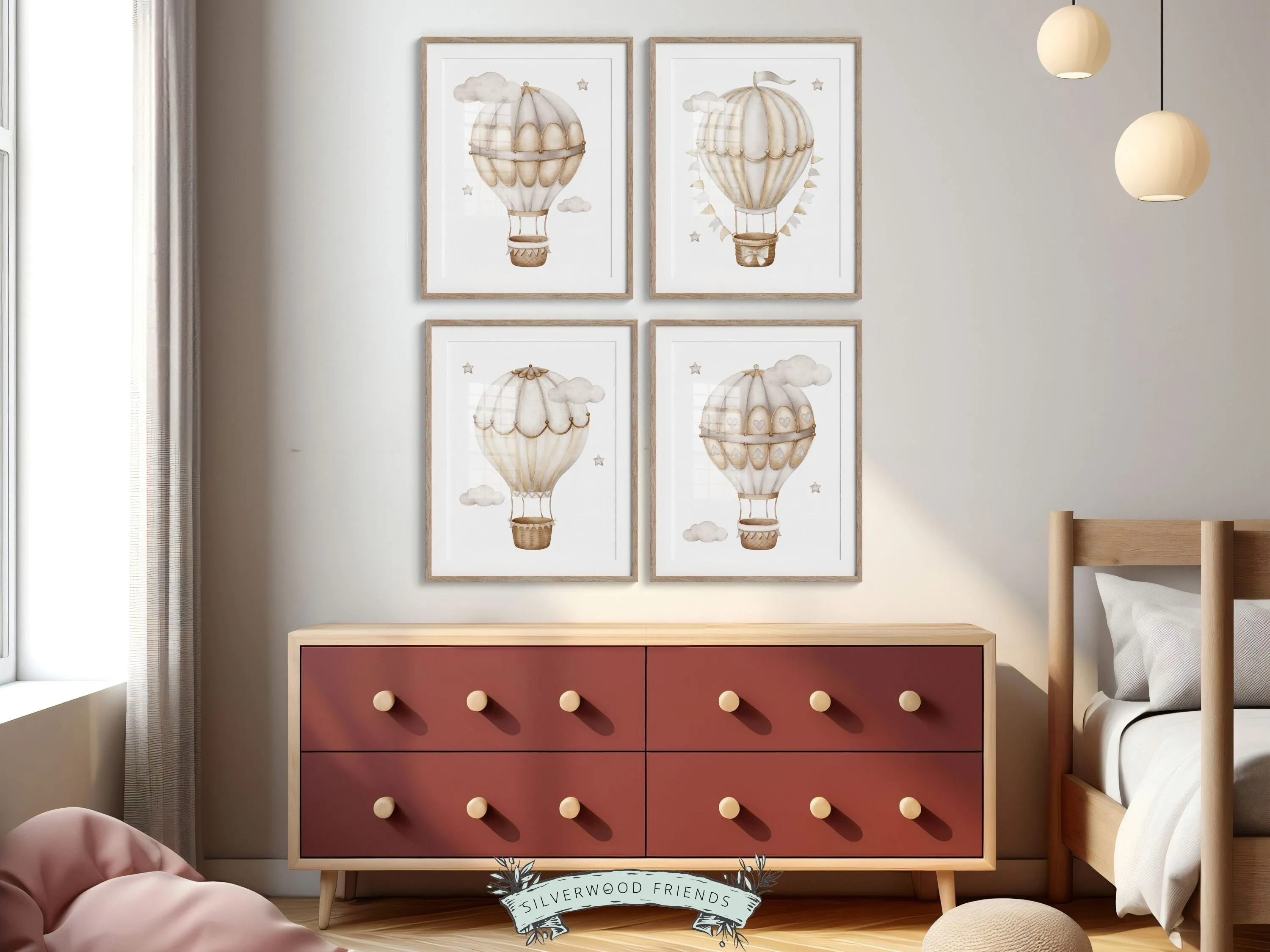 Beige Hot Air Balloon Nursery Prints - Set of 4