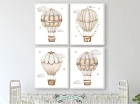 Beige Hot Air Balloon Nursery Prints - Set of 4