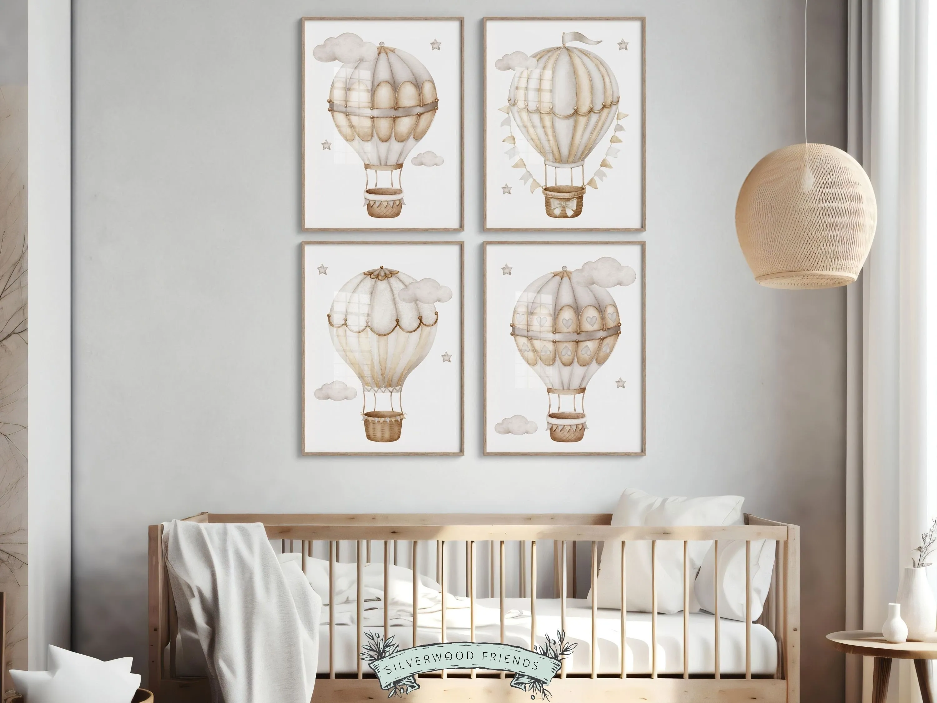 Beige Hot Air Balloon Nursery Prints - Set of 4