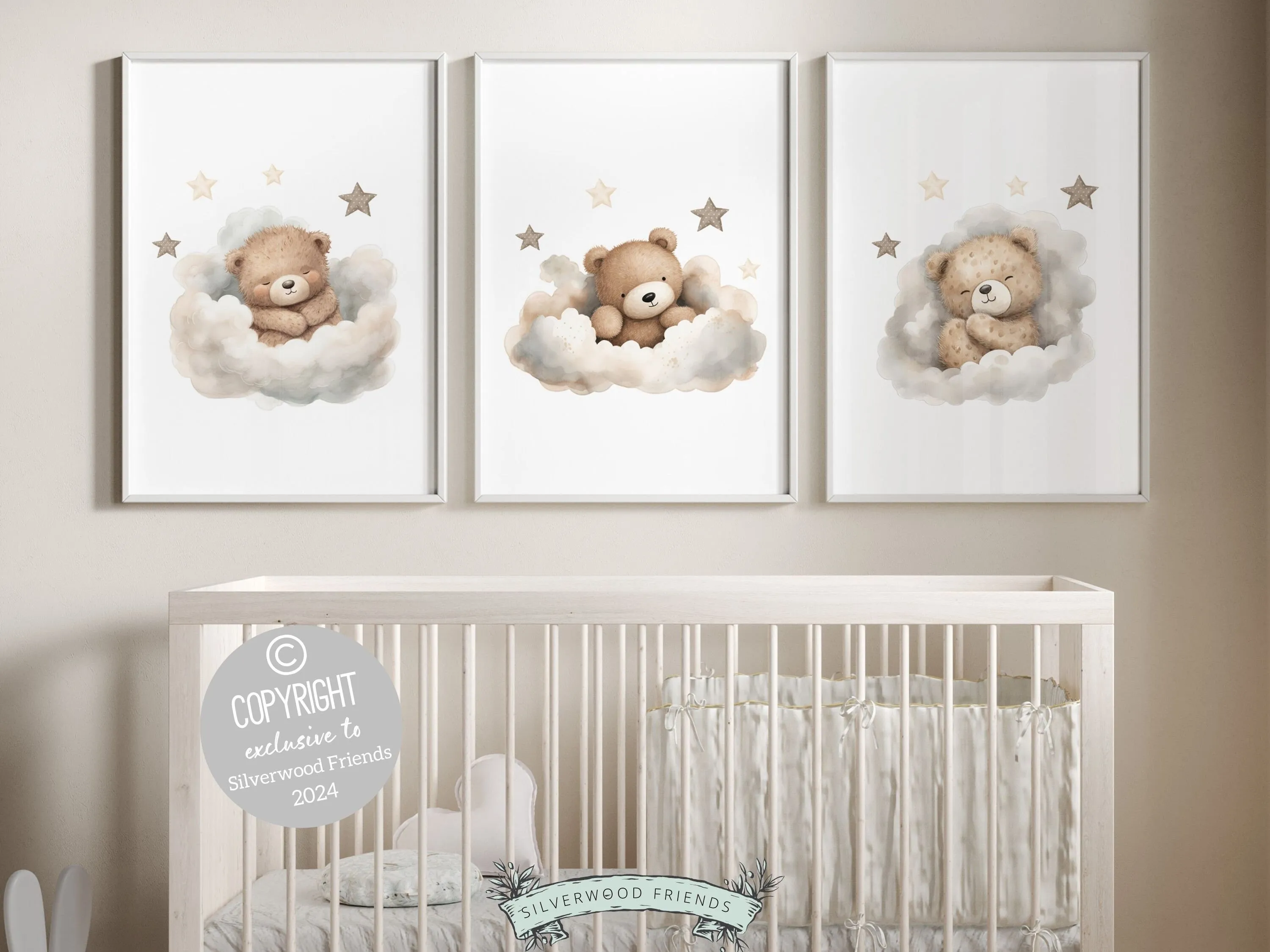 Beige Teddy Bear Star Nursery Prints