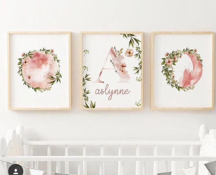 Botantical Moons Nursery Print with Custom Name - Set of Three