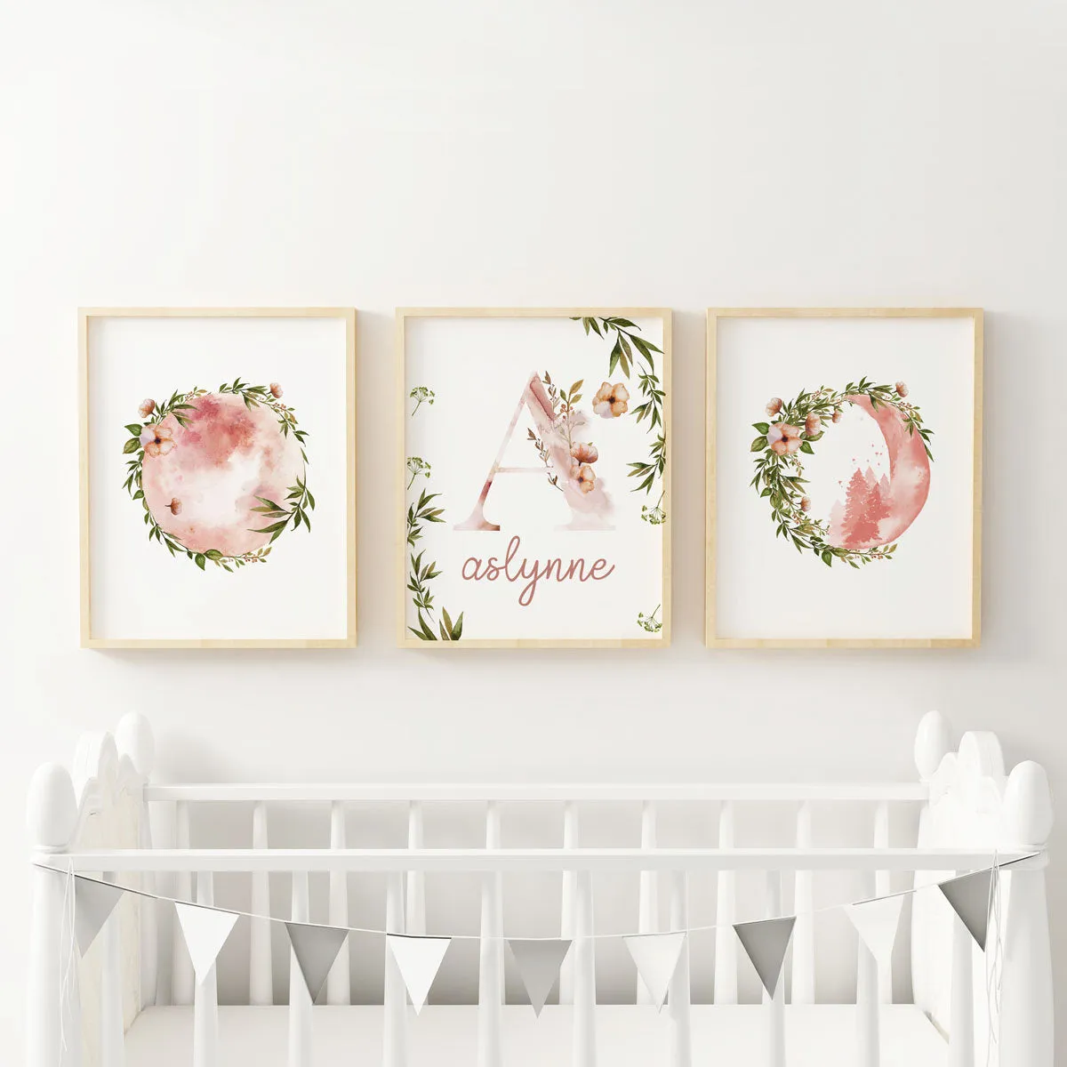 Botantical Moons Nursery Print with Custom Name - Set of Three