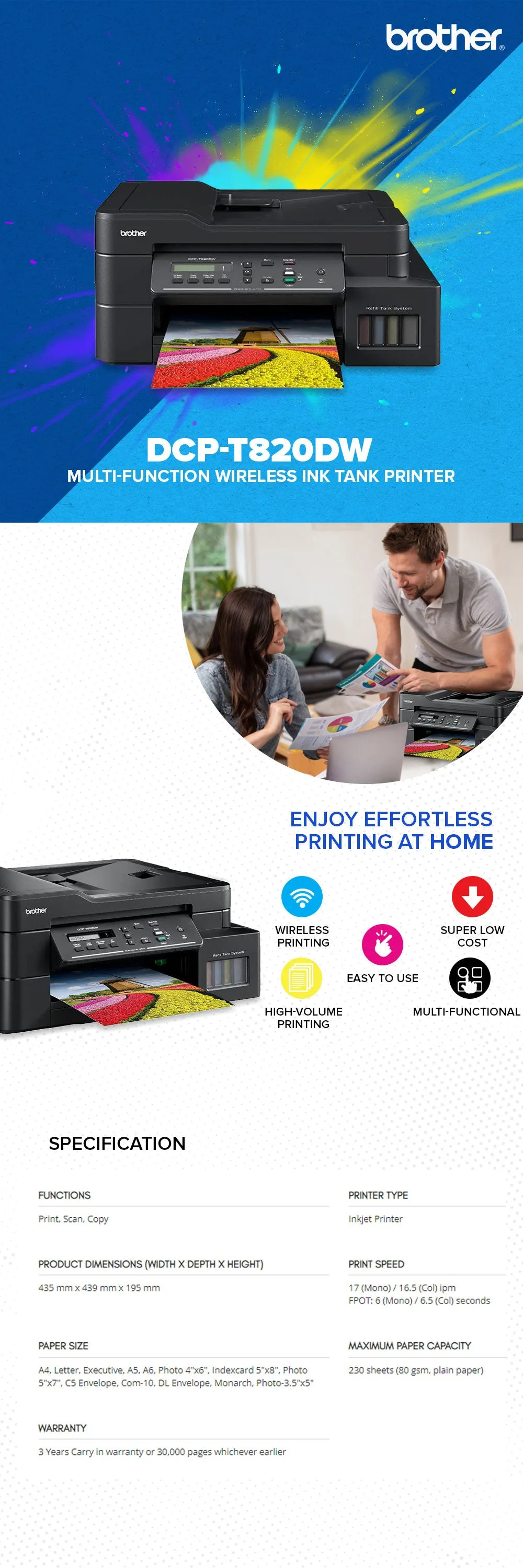 Brother DCP-T820DW Multi-Function Wireless Ink Tank Printer