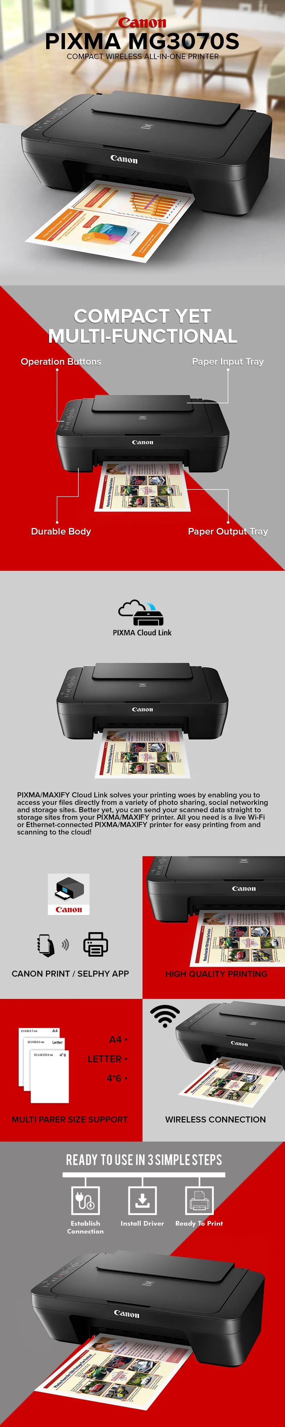 Canon Pixma MG3070S Compact Wireless All-In-One Printer Print , Scan , Copy