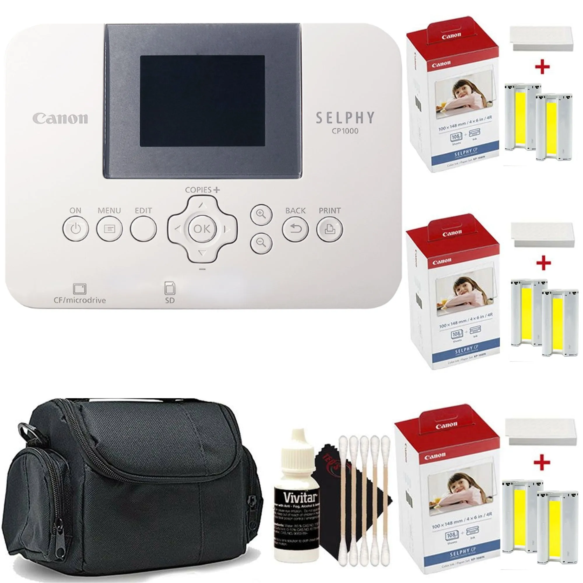 Canon Selphy CP1000 Compact Photo Printer White   3pc Canon KP-108IN 4x6 Paper Set Accessory Kit