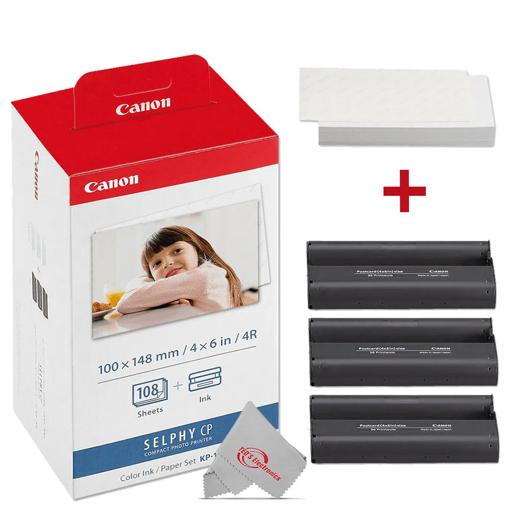 Canon Selphy CP1000 Compact Photo Printer White   3pc Canon KP-108IN 4x6 Paper Set Accessory Kit