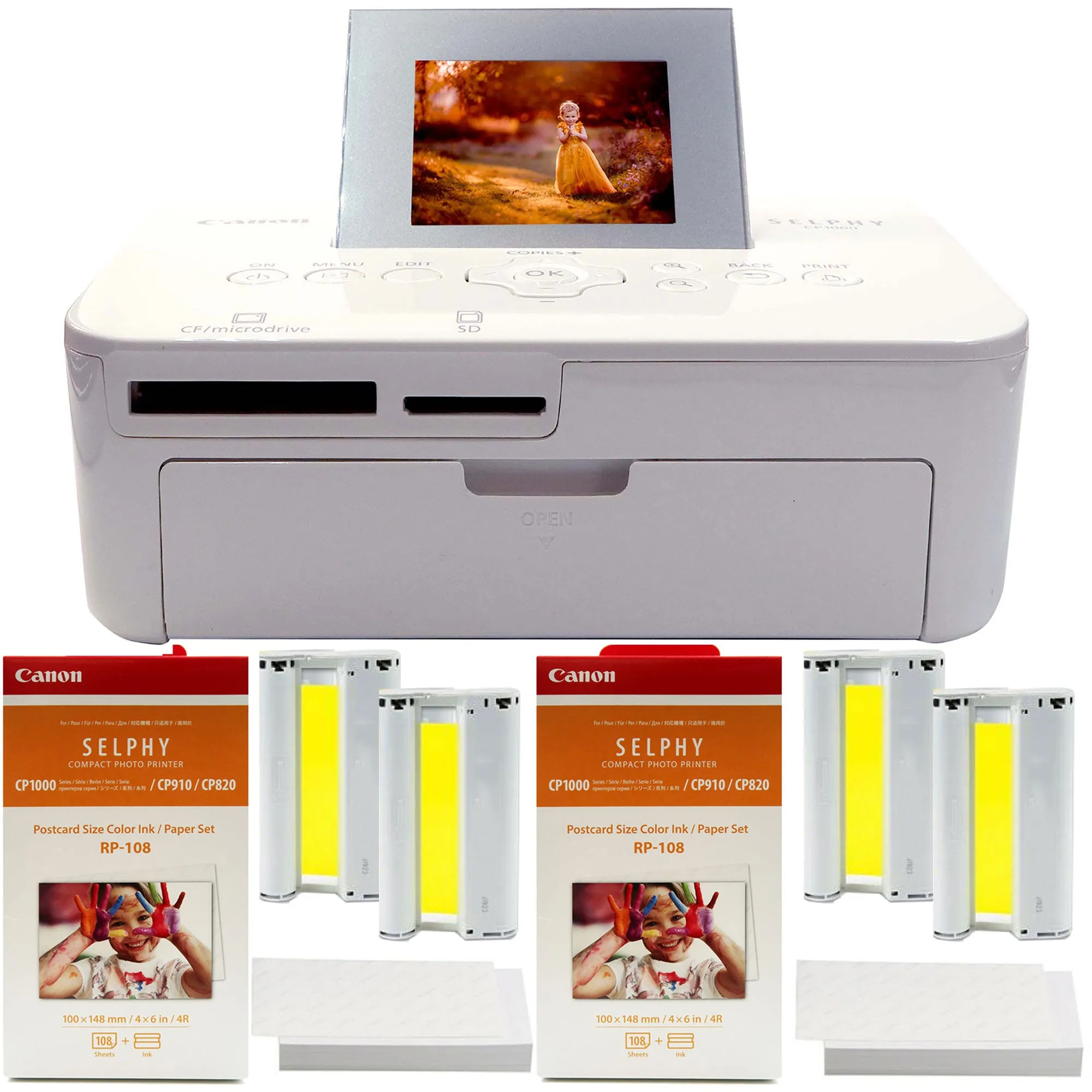 Canon Selphy CP1000 Compact Photo Printer White with 2 Packs Canon RP-108 Ink & Paper Set