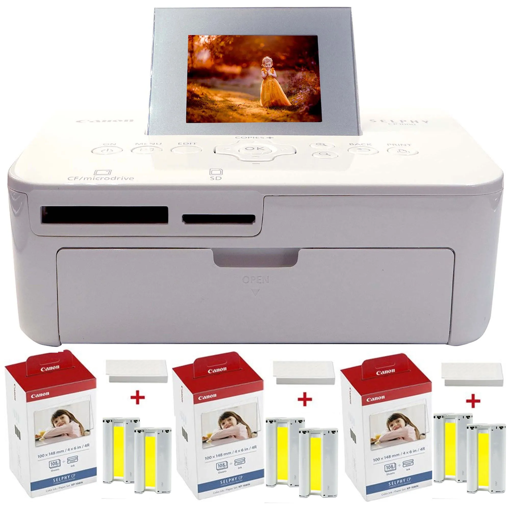 Canon Selphy CP1000 Compact Photo Printer White with 3pcs KP-108IN 4x6 Paper Set 3115B001