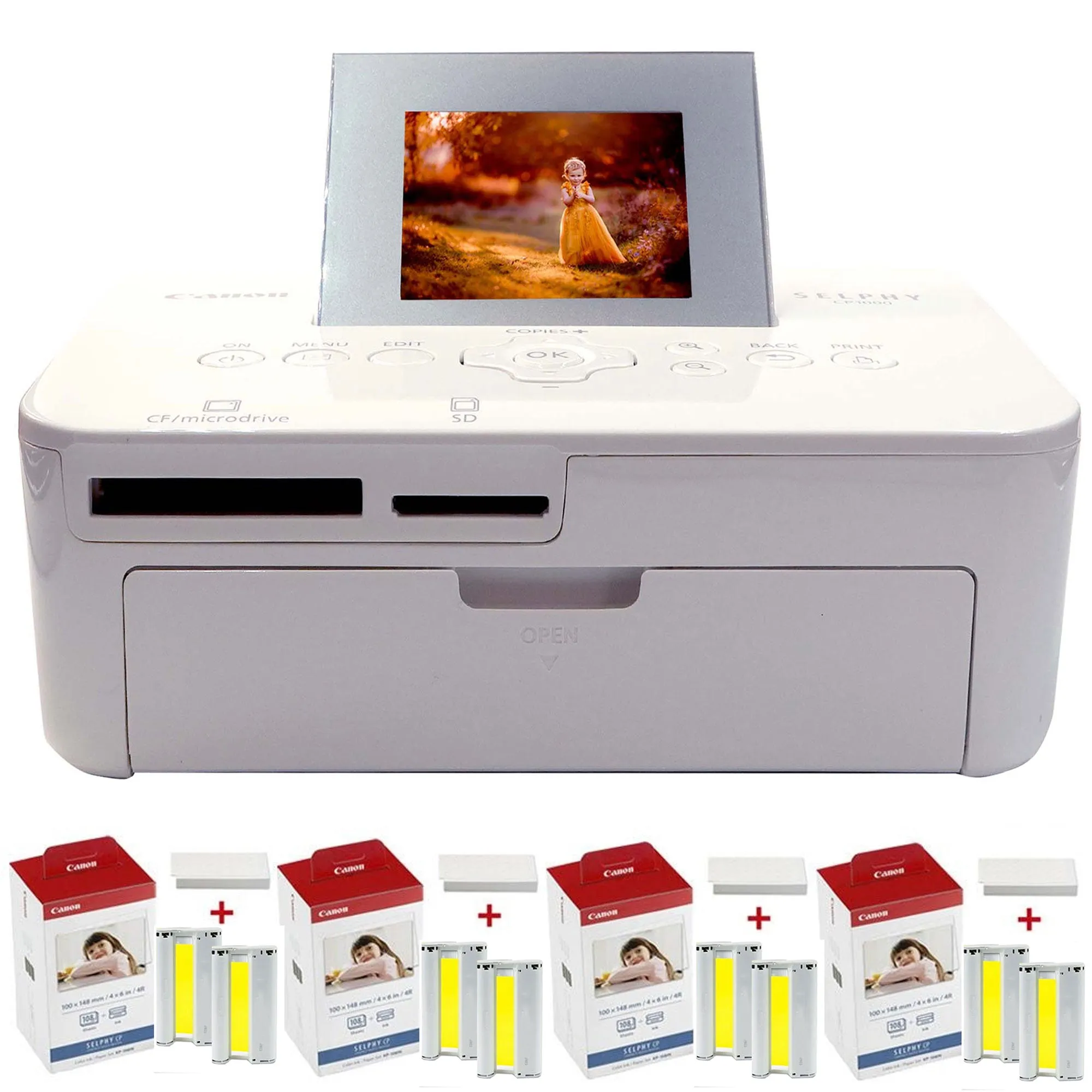 Canon Selphy CP1000 Compact Photo Printer White with  4pcs KP-108IN 4x6 Paper Set 3115B001