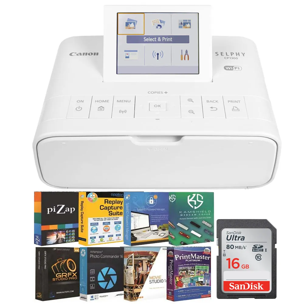 Canon Selphy CP1300 Compact Photo Printer White   16GB  Memory Card    Platinum Photo Suite 91885 Software Bundle