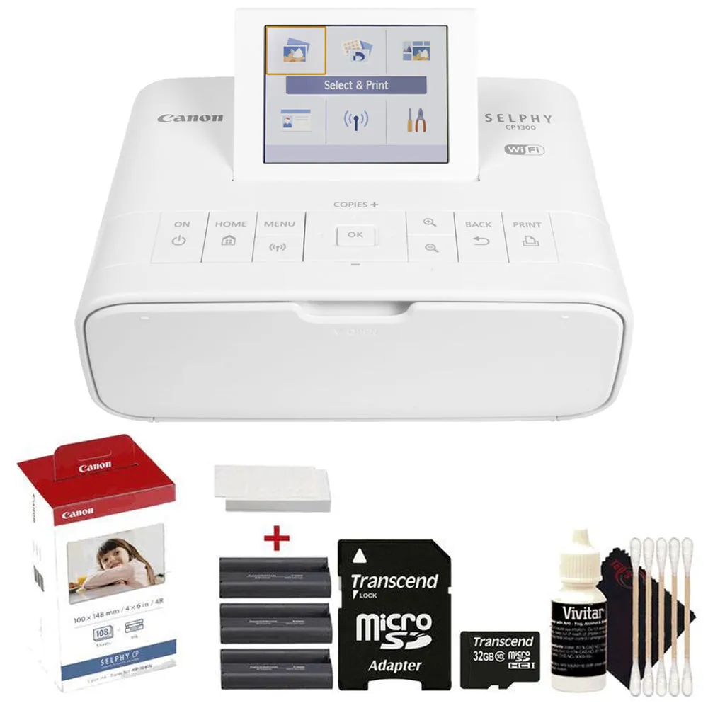 Canon Selphy CP1300 Compact Photo Printer White   Canon KP-108IN Selphy Color Ink 4x6 Paper Set 3115B001   32GB McroSD Card