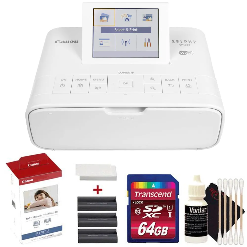 Canon Selphy CP1300 Compact Photo Printer White   Canon KP-108IN Selphy Color Ink 4x6 Paper Set   64GB Memory Card