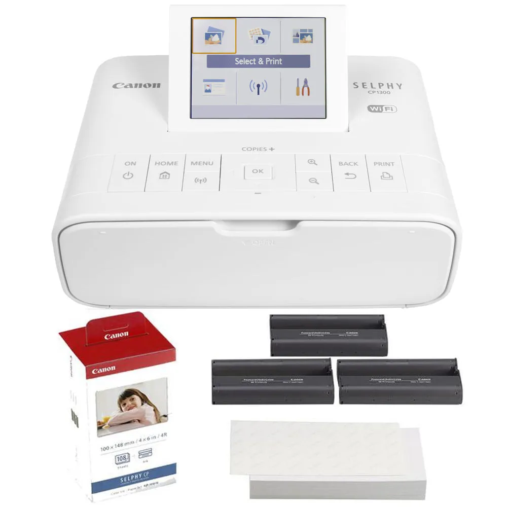 Canon Selphy CP1300 Compact Photo Printer White   Canon KP-108IN Selphy Color Ink 4x6 Paper Set