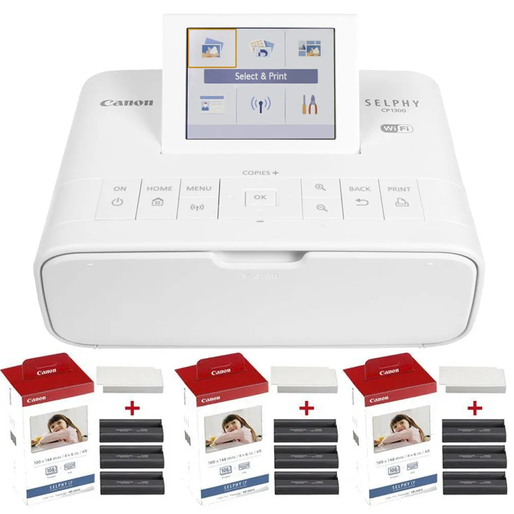 Canon Selphy CP1300 Compact Photo Printer White   Three Canon KP-108IN Selphy Color Ink 4x6 Paper Set