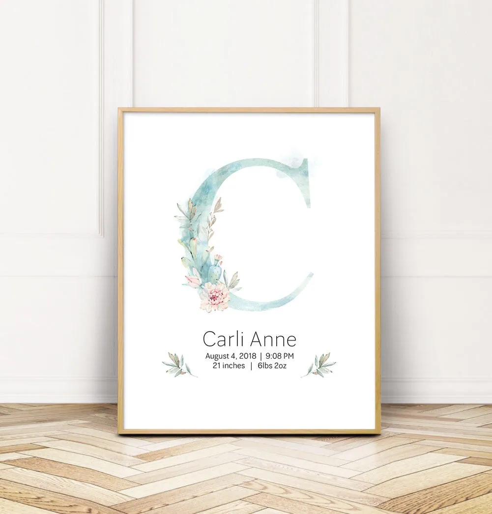 Customized Cactus Nursery Girl Name Wall Print Baby Keepsake