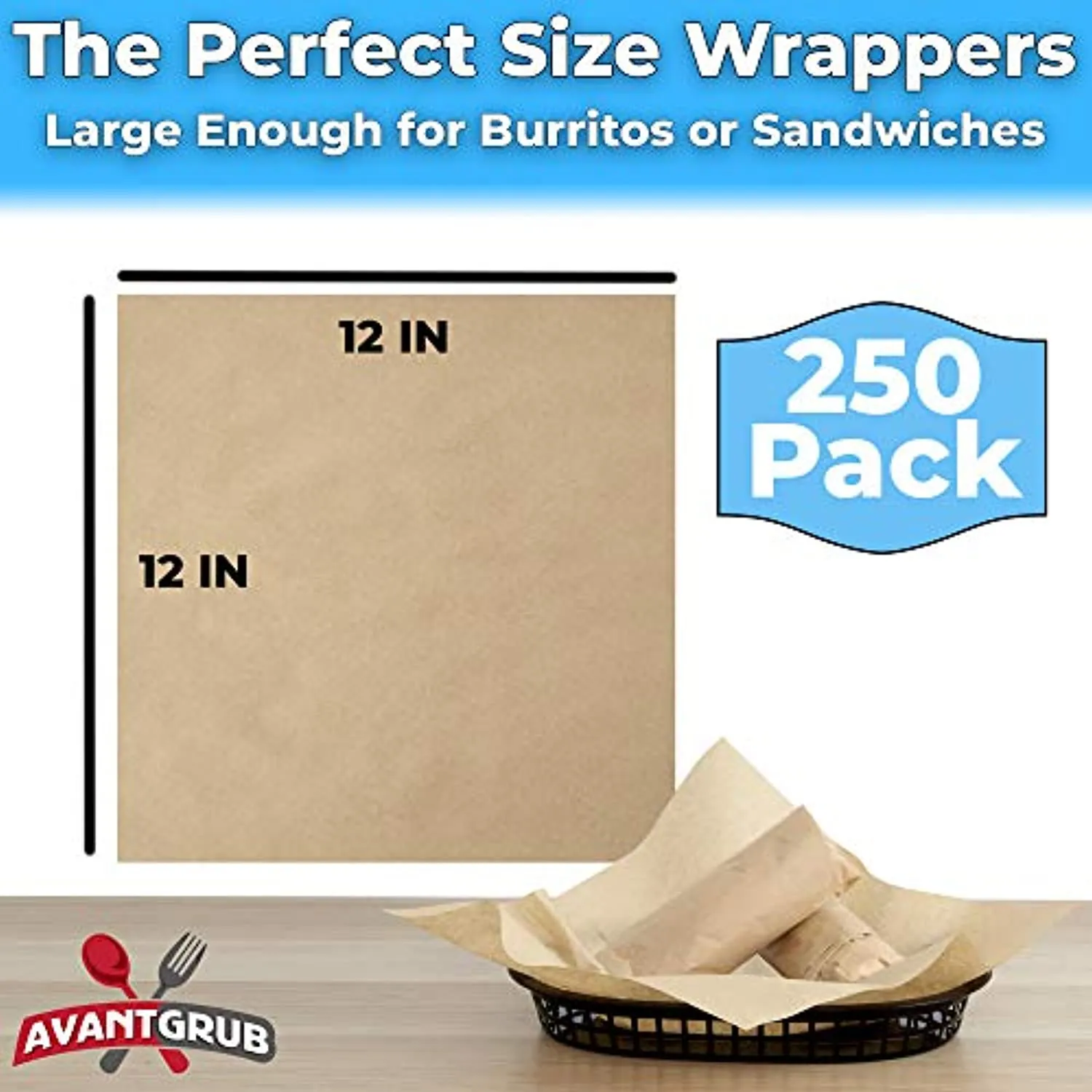 Eco Friendly, Grease Proof 12" x 12" Deli Wrap 250 Pk. Best Kraft Food Wrapping Paper Sheets for Picnic, Festival, Fair or BBQ. Perfect Liner for Tray, Basket or Boat. Quality Bulk Restaurant Supply