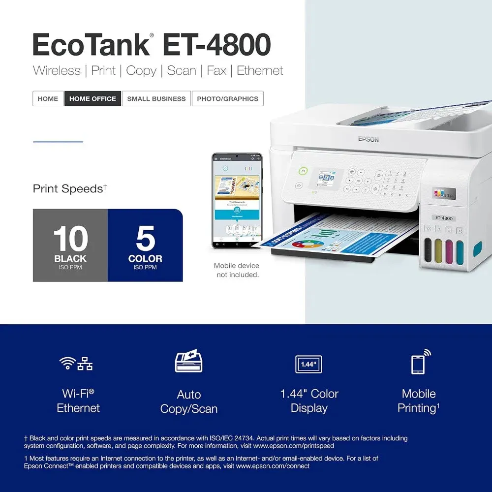 EcoTank ET-4800 Wireless All-in-One Cartridge-Free Supertank Printer with Scanner, Copier, Fax, ADF and Ethernet