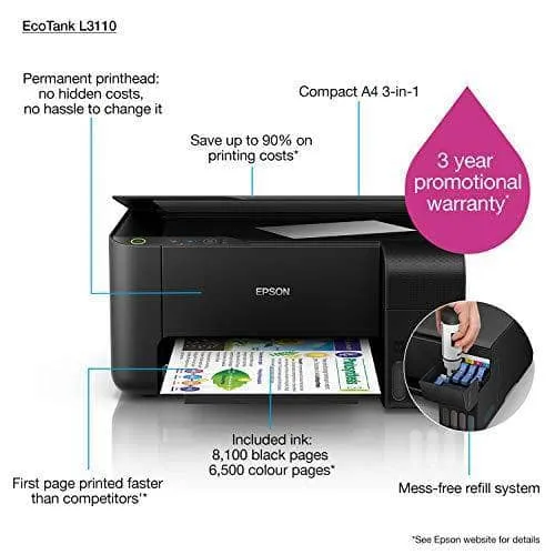 Epson EcoTank L3110 - 3-in-1 Printer with Epson's Integrated Ink Tank System for Cost-Effective, Quality Colour Printing