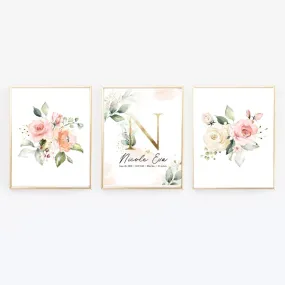 Floral Customized Nursery Wall Art with Baby Stats and Name - Set of three