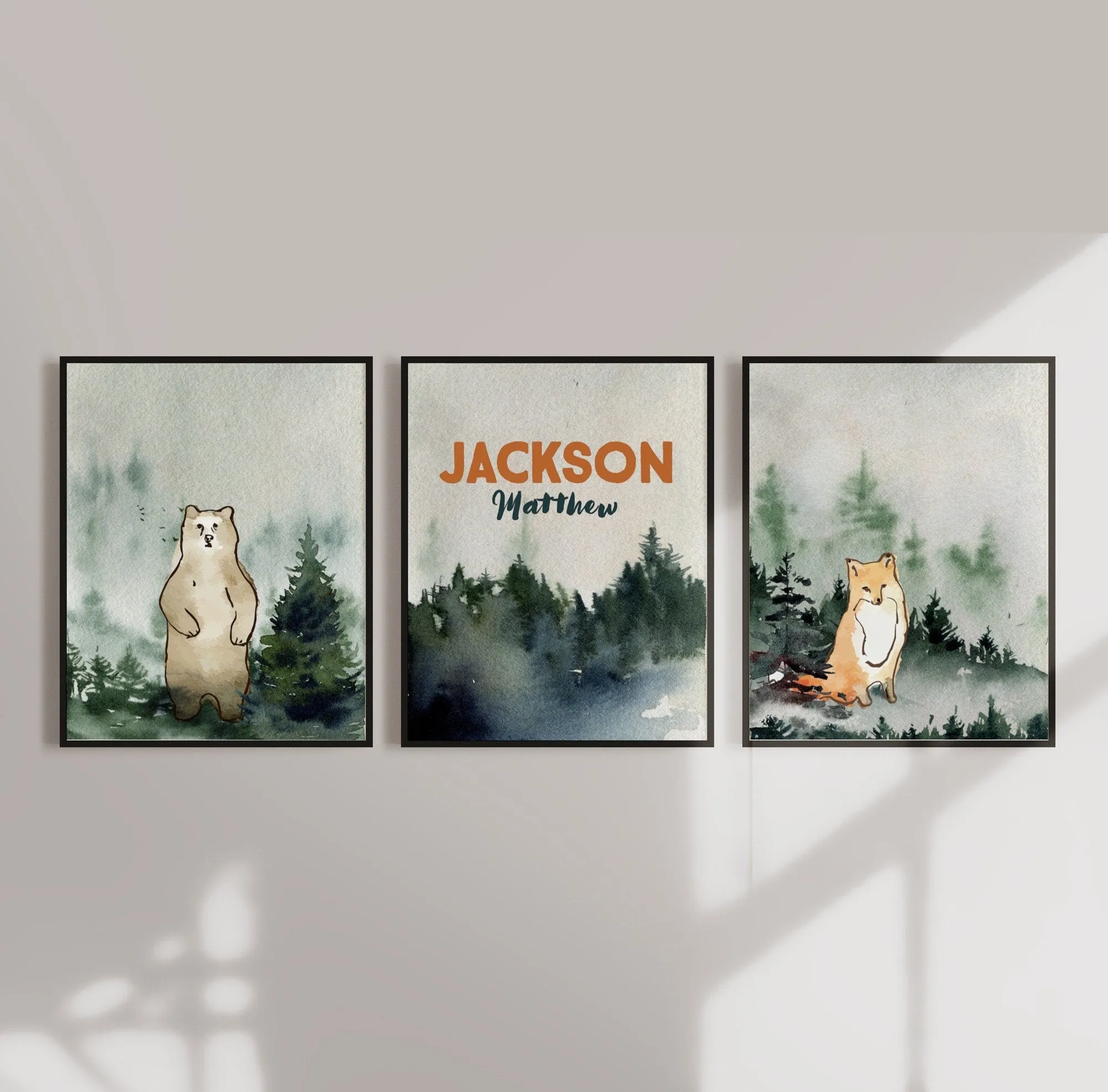 Forest Green Nursery Wall Art Set of three with Name