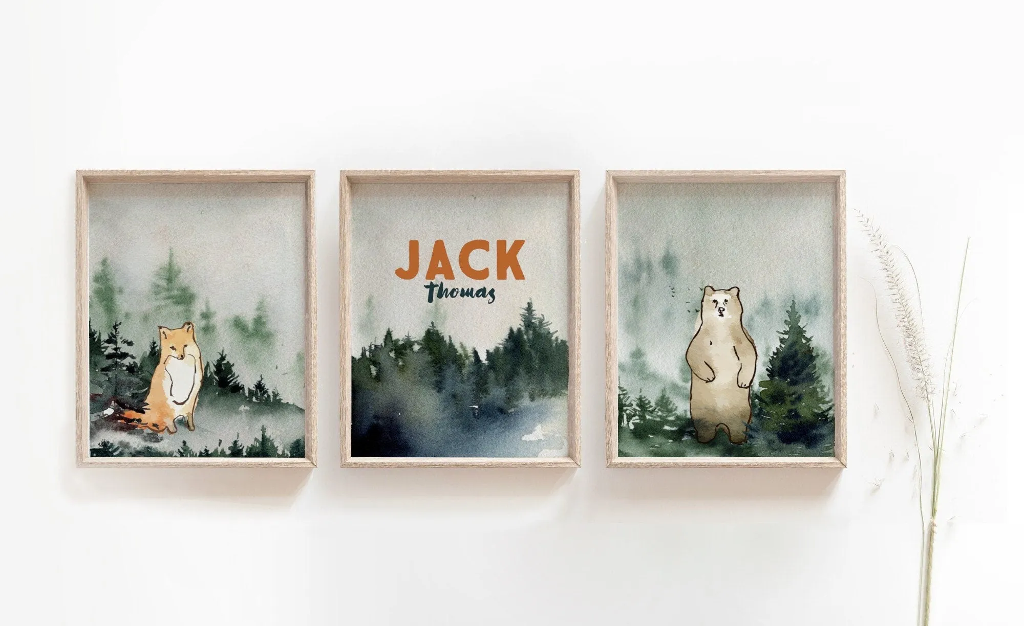 Forest Green Nursery Wall Art Set of three with Name