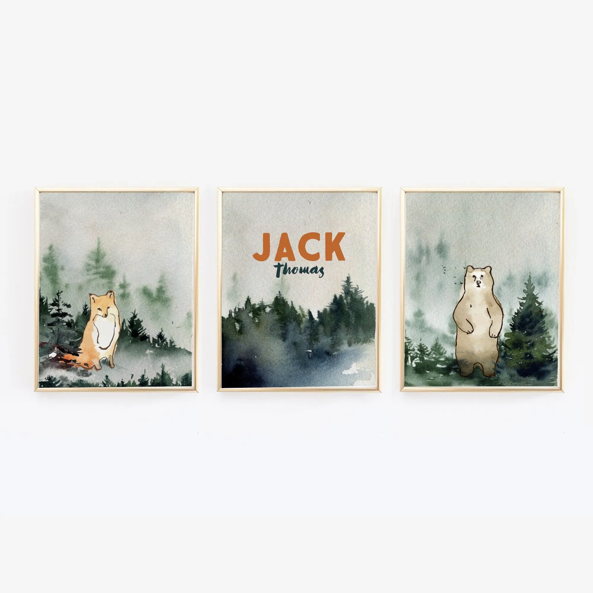 Forest Green Nursery Wall Art Set of three with Name