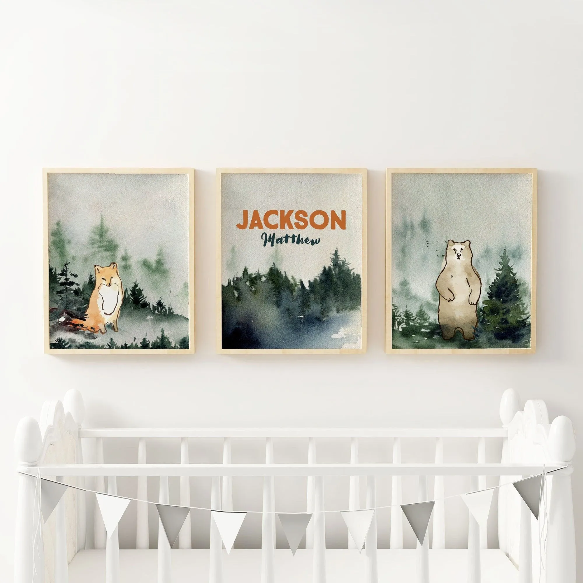 Forest Green Nursery Wall Art Set of three with Name