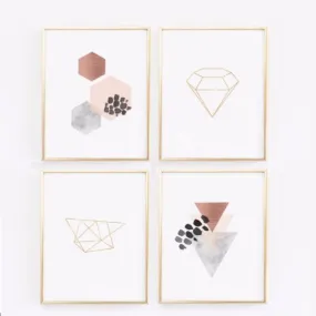 Geometric Scandinavian Copper Modern Wall Art Prints  -  Set of 4