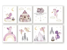 Girls Baby Dragon Nursery Prints Set of 8