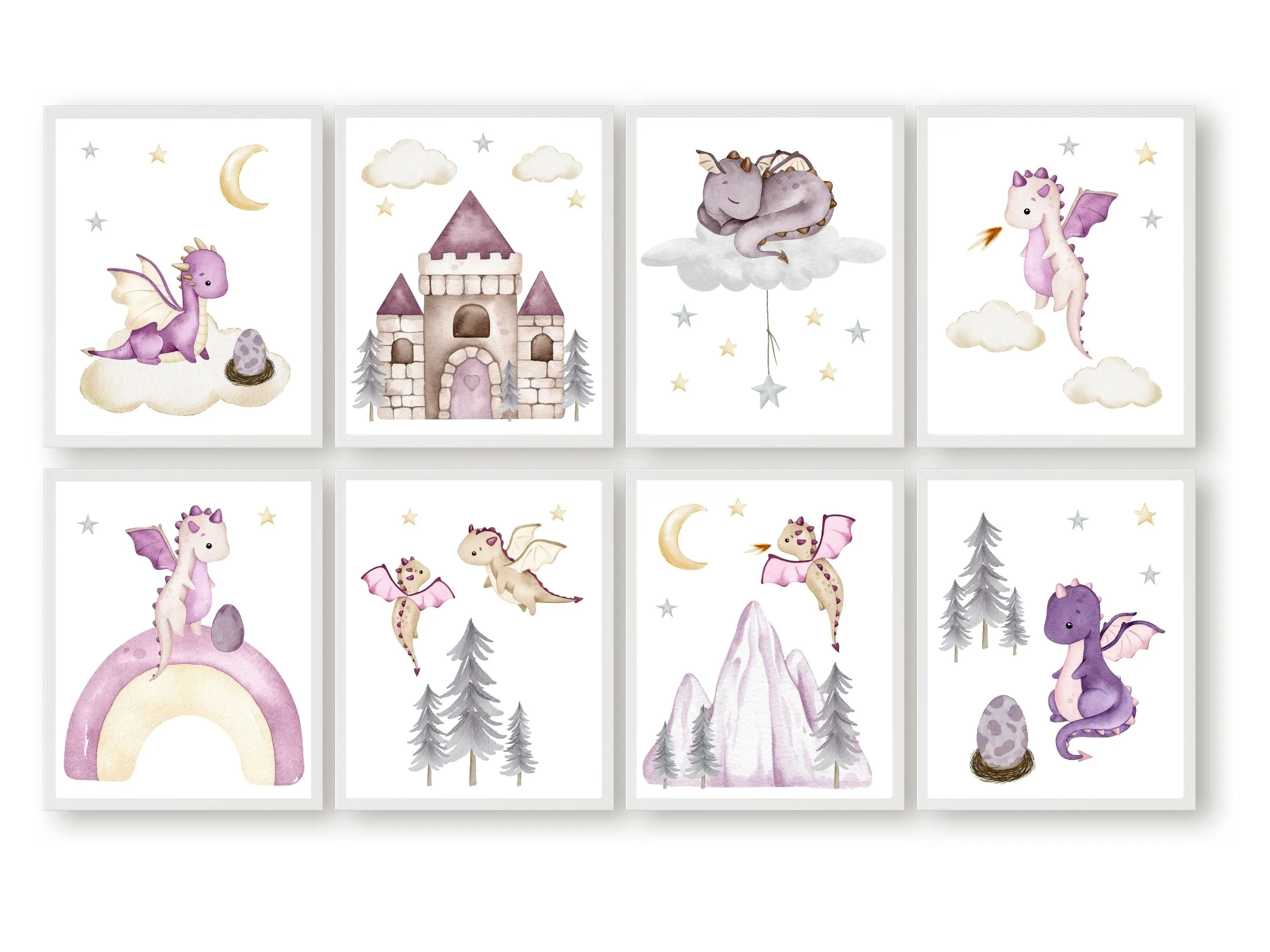 Girls Baby Dragon Nursery Prints Set of 8