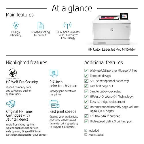 HP Color LaserJet Pro M454dw Printer (W1Y45A) ,White