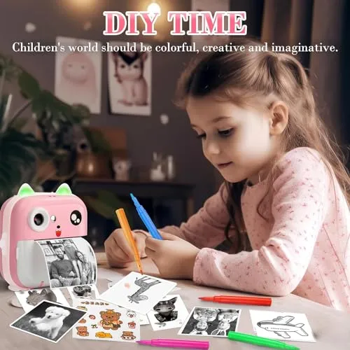 Instant Toddler Digital Print Camera with 1080P HD with 3 Rolls Photo Paper 32GB SD Card Supported Inkless Sticker Printer for Girls Boys Age 3-12 (Colour May Vary)