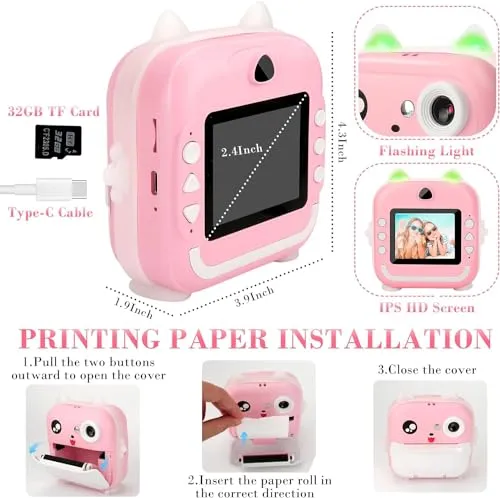 Instant Toddler Digital Print Camera with 1080P HD with 3 Rolls Photo Paper 32GB SD Card Supported Inkless Sticker Printer for Girls Boys Age 3-12 (Colour May Vary)