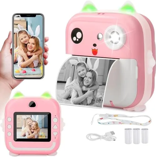 Instant Toddler Digital Print Camera with 1080P HD with 3 Rolls Photo Paper 32GB SD Card Supported Inkless Sticker Printer for Girls Boys Age 3-12 (Colour May Vary)