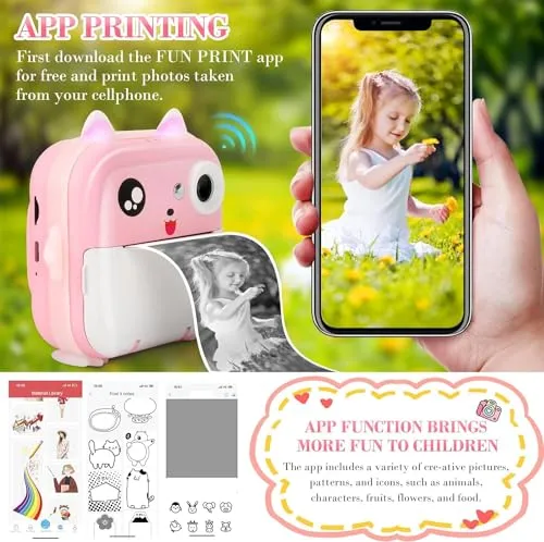 Instant Toddler Digital Print Camera with 1080P HD with 3 Rolls Photo Paper 32GB SD Card Supported Inkless Sticker Printer for Girls Boys Age 3-12 (Colour May Vary)