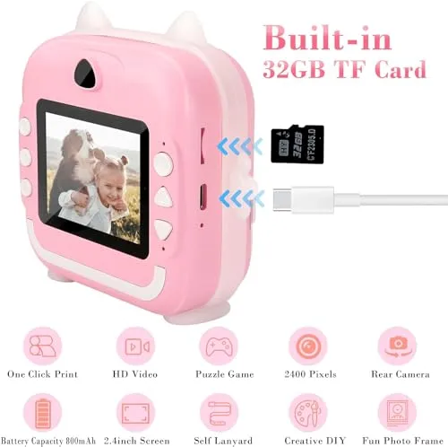 Instant Toddler Digital Print Camera with 1080P HD with 3 Rolls Photo Paper 32GB SD Card Supported Inkless Sticker Printer for Girls Boys Age 3-12 (Colour May Vary)