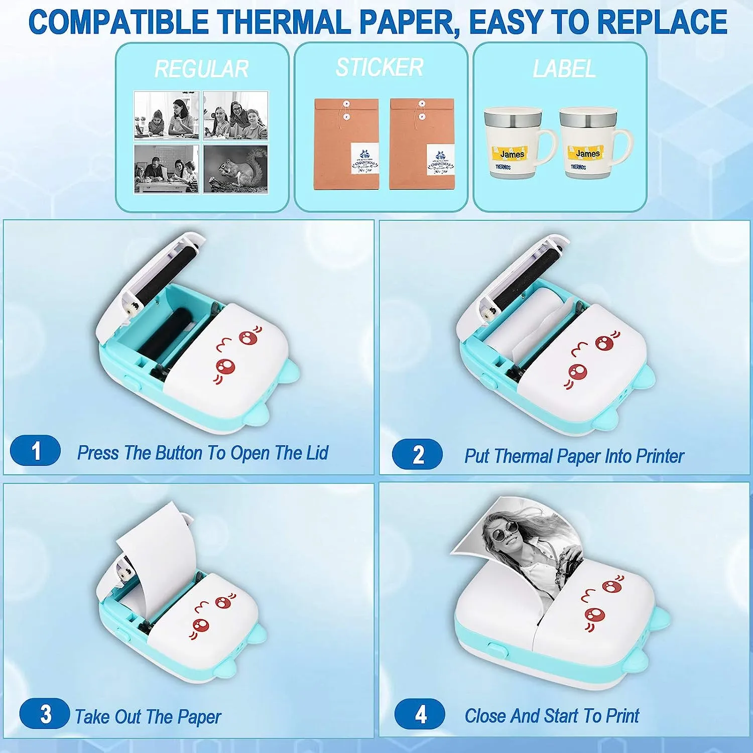 ITEM# 0195   Printers with 6 Rolls Printing Paper for Android iOS Smartphone, BT Inkless Printing Gift for Label Receipt Photo Notes Study Home Office (Watch Video)