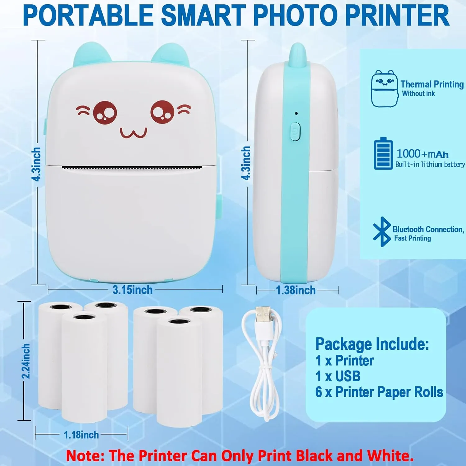 ITEM# 0195   Printers with 6 Rolls Printing Paper for Android iOS Smartphone, BT Inkless Printing Gift for Label Receipt Photo Notes Study Home Office (Watch Video)