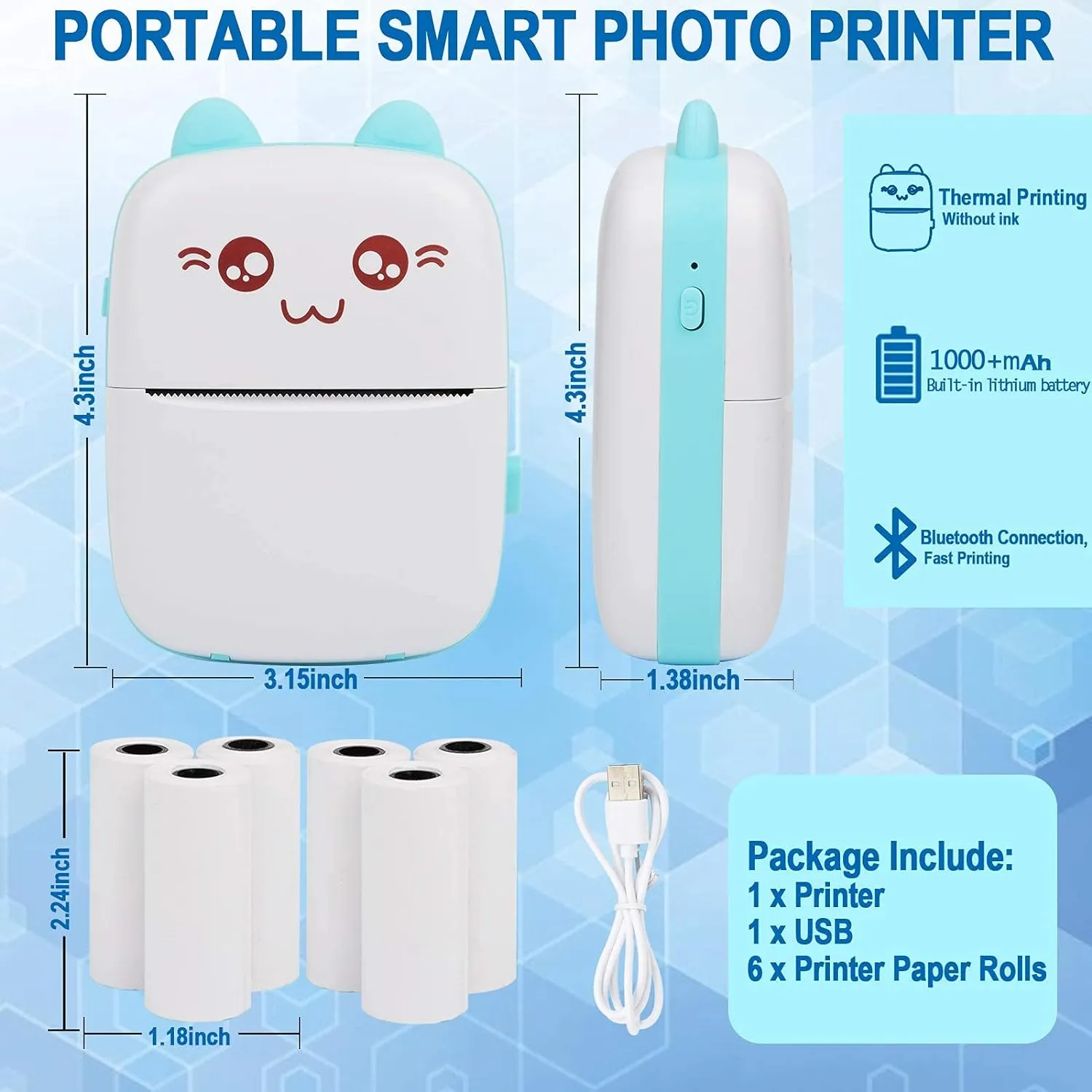 ITEM# 0195   Printers with 6 Rolls Printing Paper for Android iOS Smartphone, BT Inkless Printing Gift for Label Receipt Photo Notes Study Home Office (Watch Video)