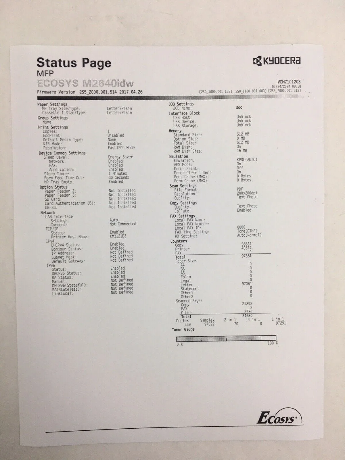 Kyocera ECOSYS M2640idw All-in-One Monochrome Laser Printer Tested Bad Wireless