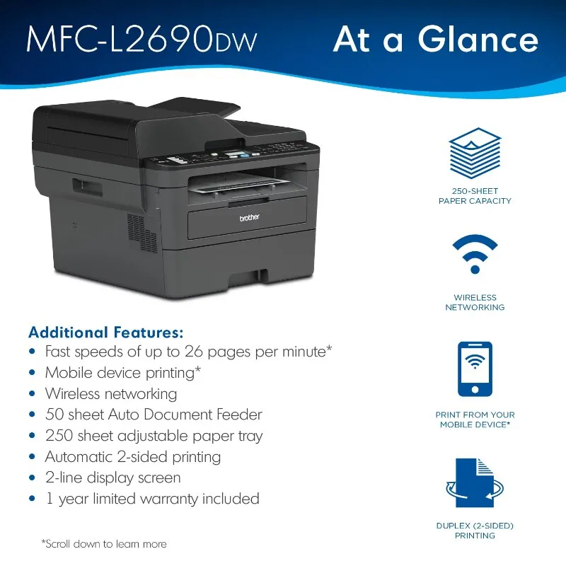 Laser All-in-One Printer, Duplex Printing, Wireless Connectivity