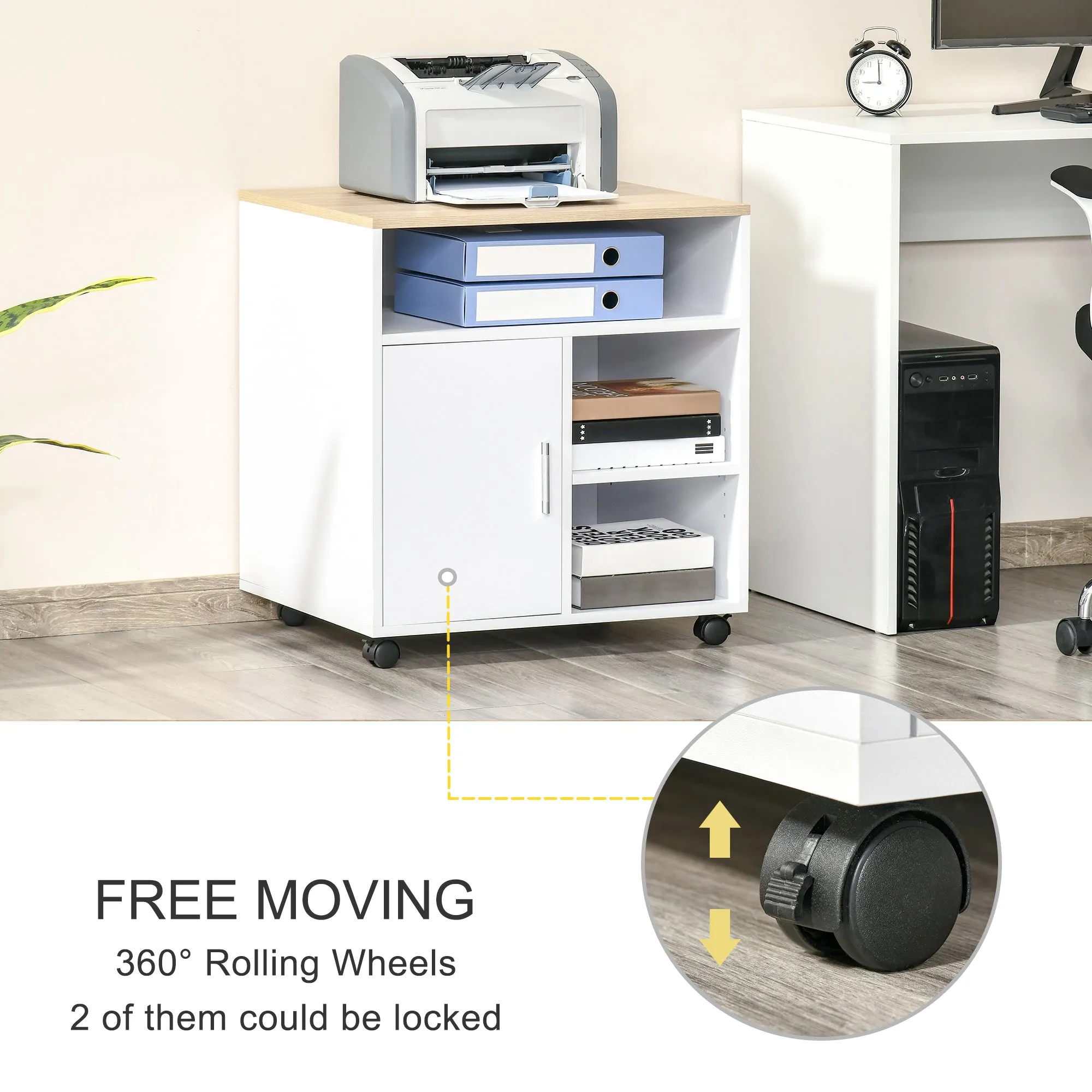 Multi-Storage Printer Stand Unit Office Desk Side Mobile Storage w/ Wheels Modern Style 60L x 50W x 65.5H cm - Oak