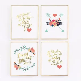 Navy Coral and Gold Floral Nursery Prints - Set of 4