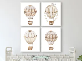 Neutral Hot Air Balloon Nursery Prints - Set of 4