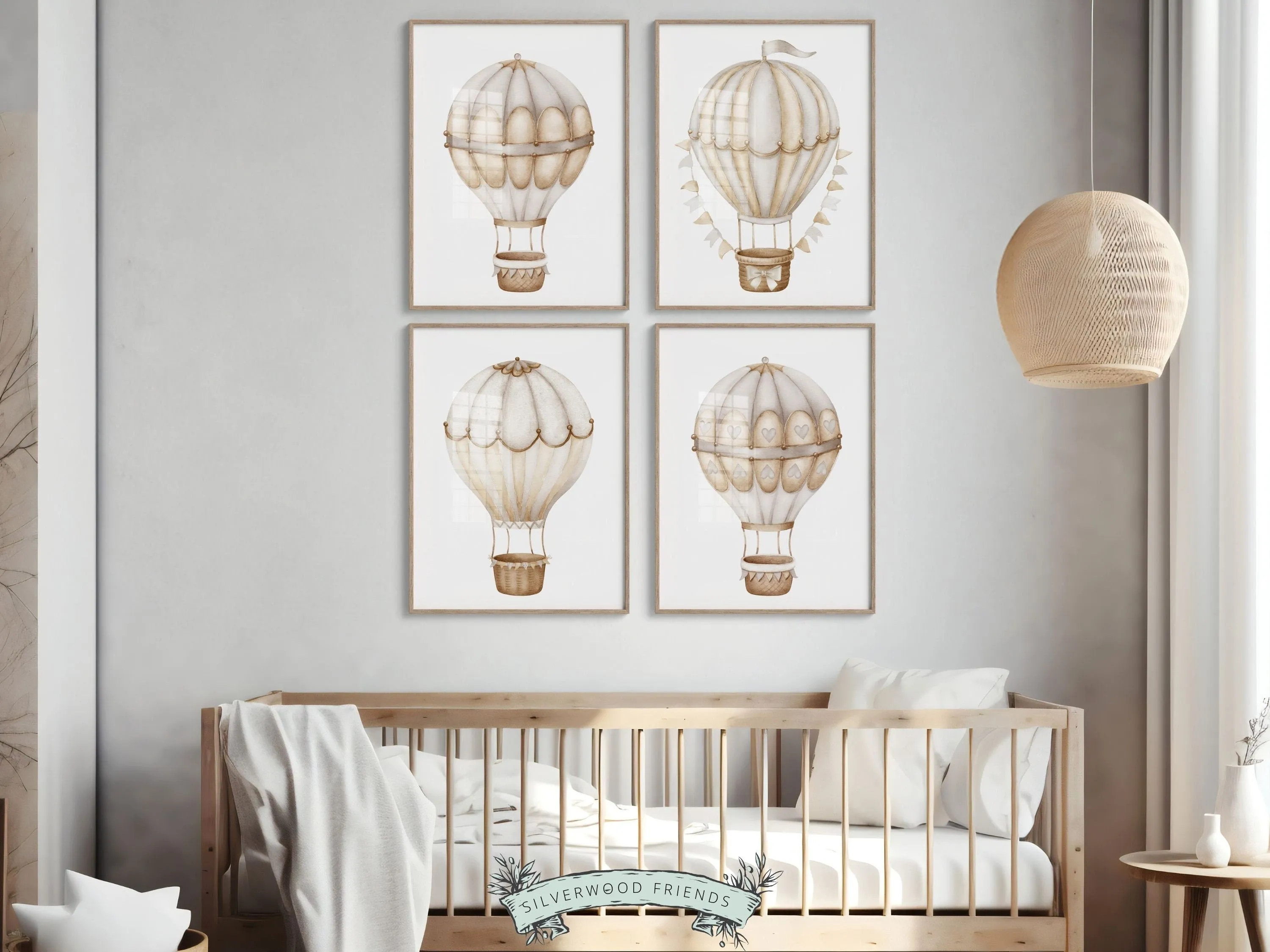 Neutral Hot Air Balloon Nursery Prints - Set of 4