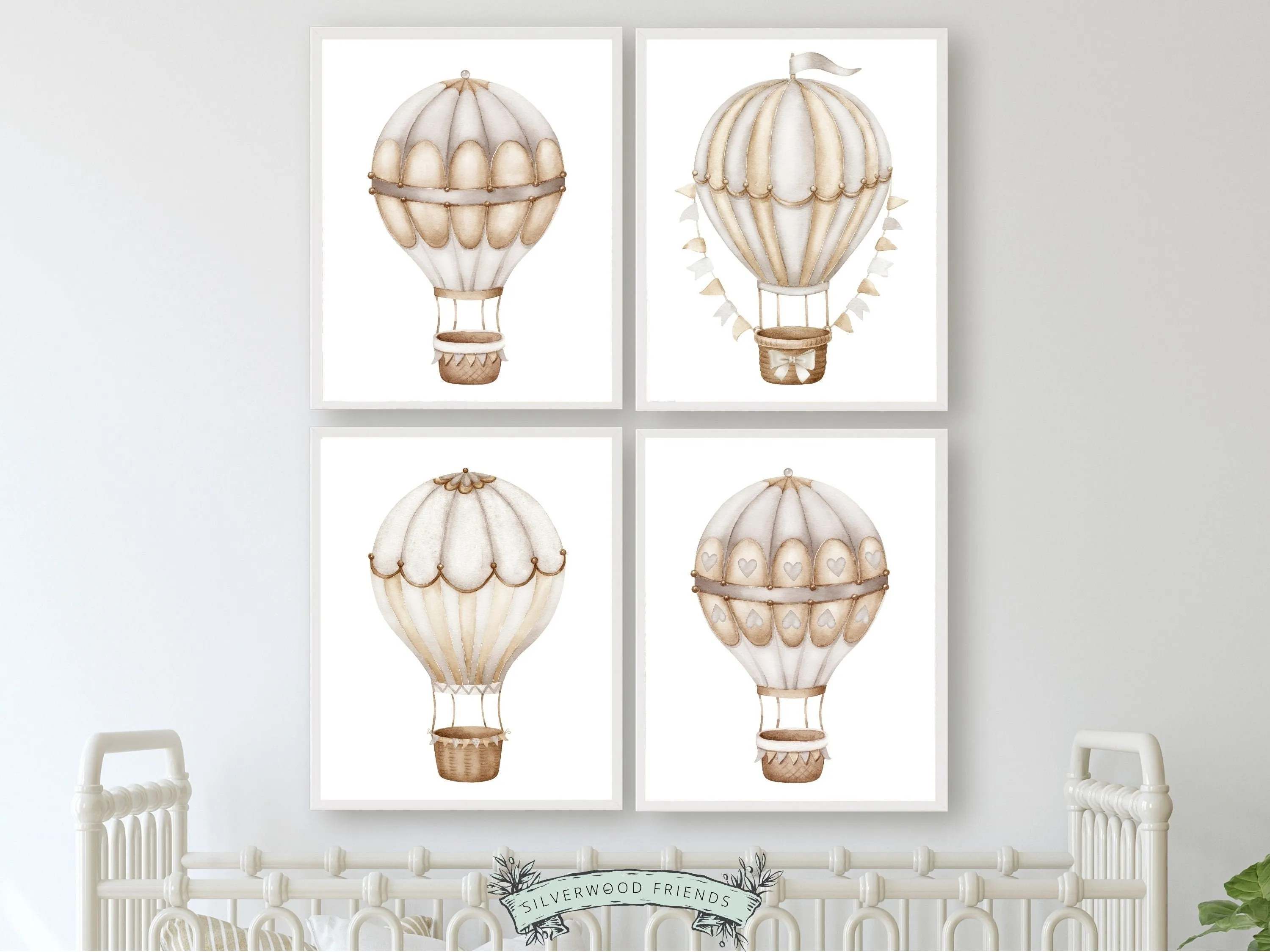 Neutral Hot Air Balloon Nursery Prints - Set of 4