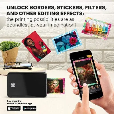 NEW - KODAK Step Instant Printer Bluetooth/NFC Wireless Photo Printer with ZINK Technology & KODAK App for iOS & Android (Black) Prints 2x3” Sticky-Back Photos.