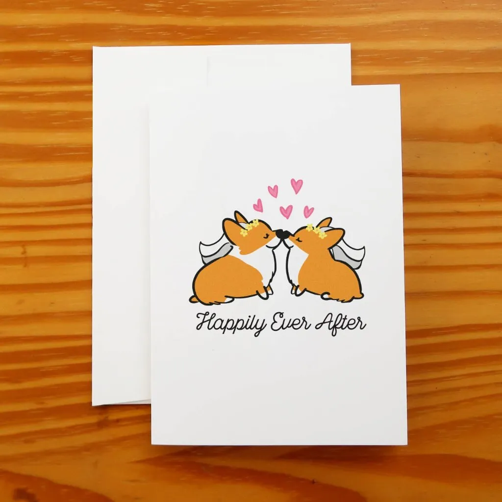 "Happily Ever After" Corgi Wedding Greeting Card | 2 Brides